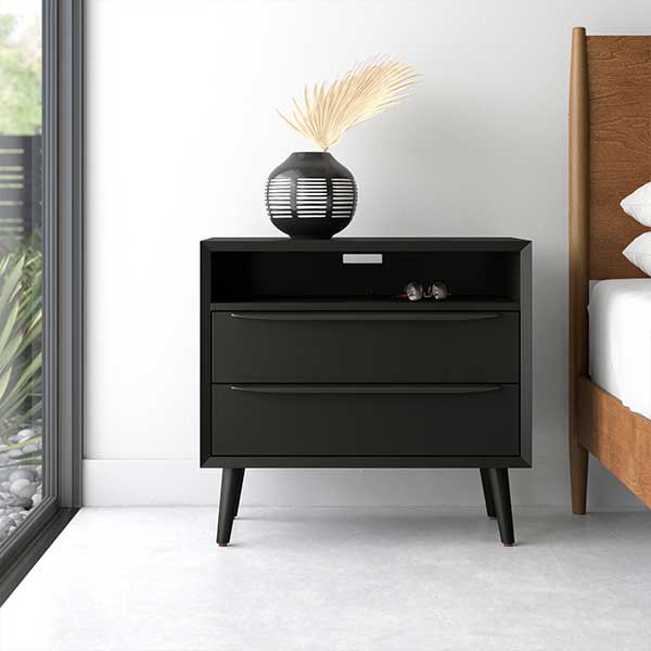 Aviannah Black Midcentury Modern 2 - Drawer Nightstand with Built-In Charging Station, Rubber Wood Legs, Open Shelf (Set of 2)