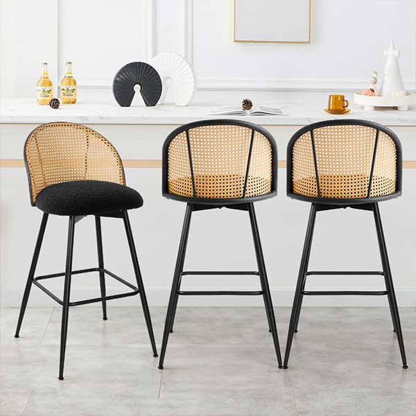 Ayiden Swivel Boucle Upholstered Counter & Bar Stool With Cane / Rattan Back (Set of 3)