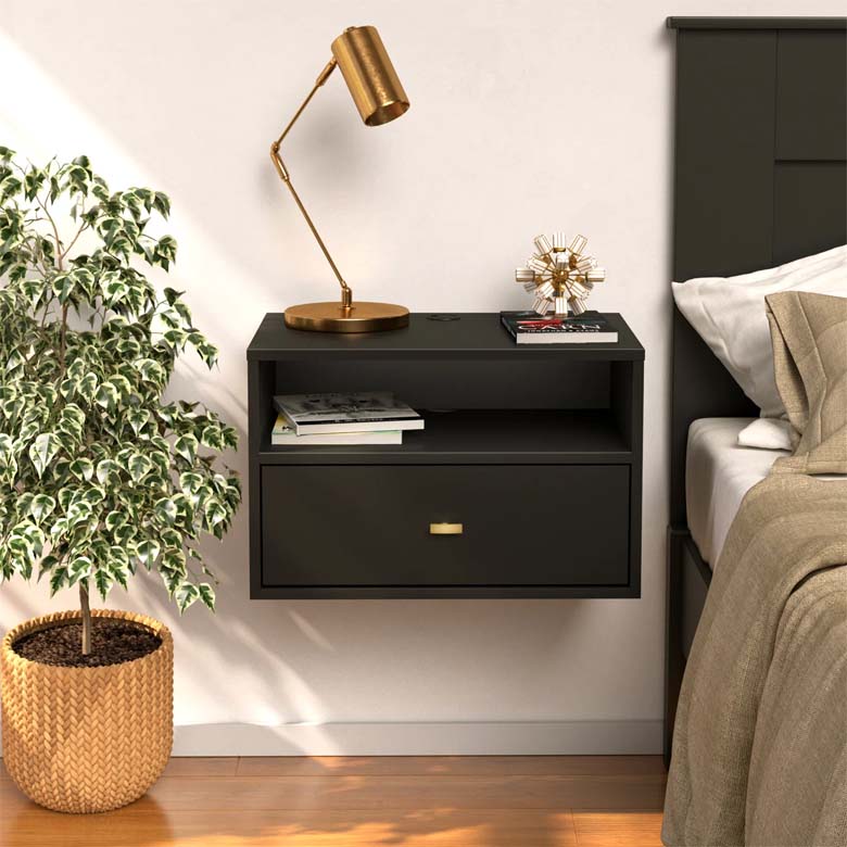 Black floating nightstand with shelf and drawer