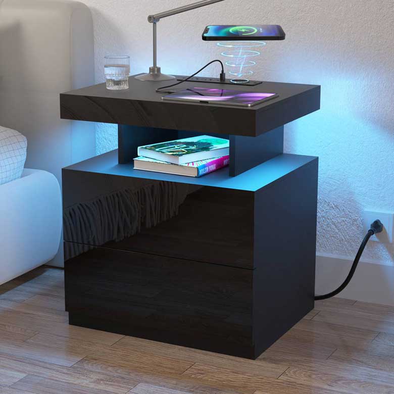 Black Modern Manufactured Wood Nightstand with Wireless Charging Station, LED Light and 2 Drawers