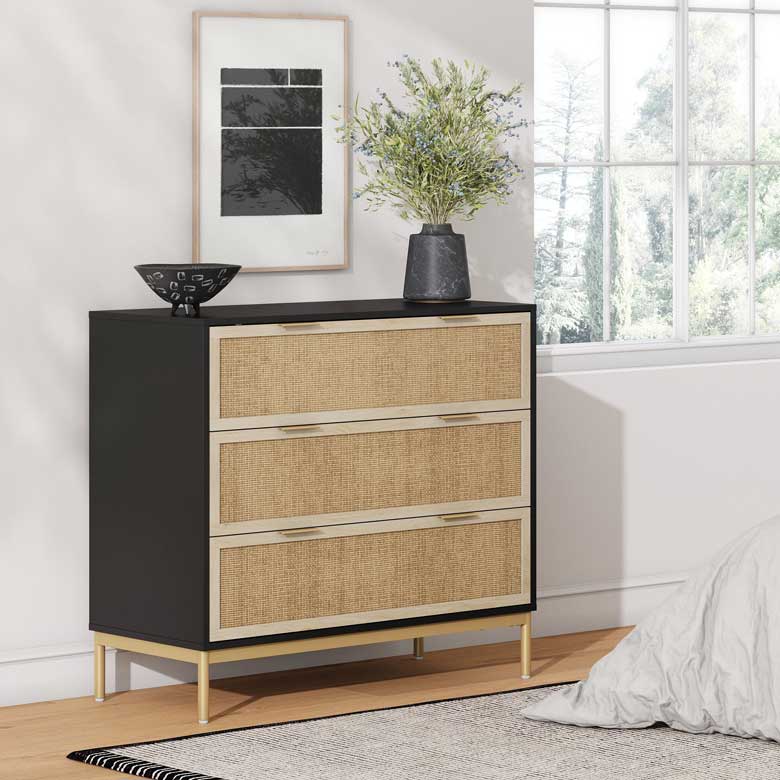 Black and wood 3-drawer rattan dresser for a boho bedroom