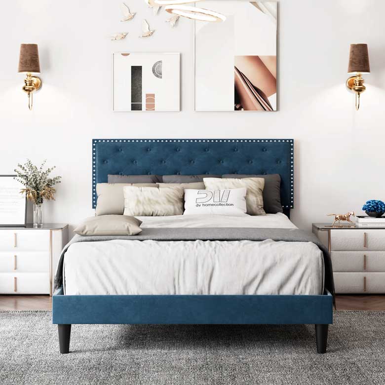 Blue velvet bed with adjustable headboard