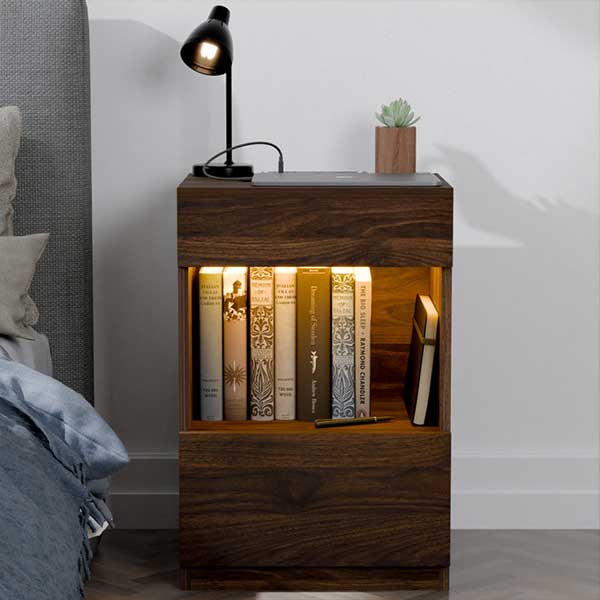 Breslyn Manufactured Wood Nightstand with Charging Station, LED Light and Shelf