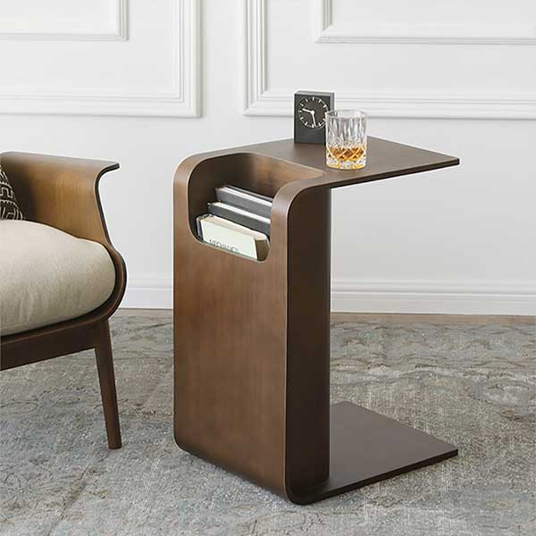 C-Shaped Walnut Convertible Wood Side Table with Storage