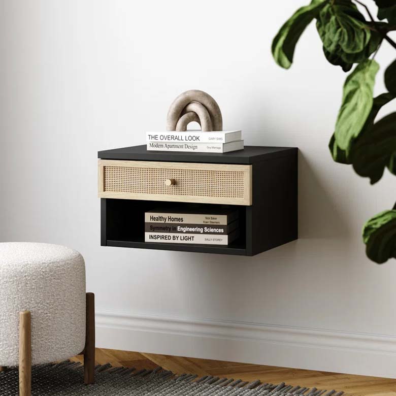 Floating nightstand with cane drawer and open shelf