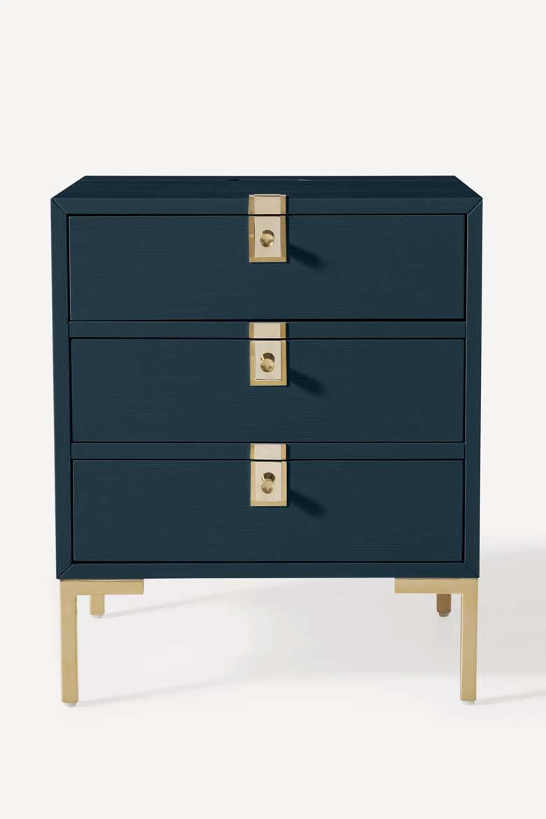 Modern charging nightstand with three drawers and brass hardware