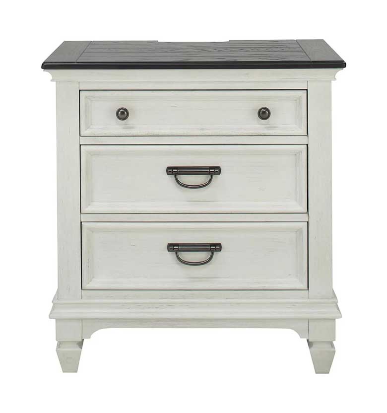 Charging nightstand with three spacious drawers adorned with matching knobs, USB charging station and an electrical outlet