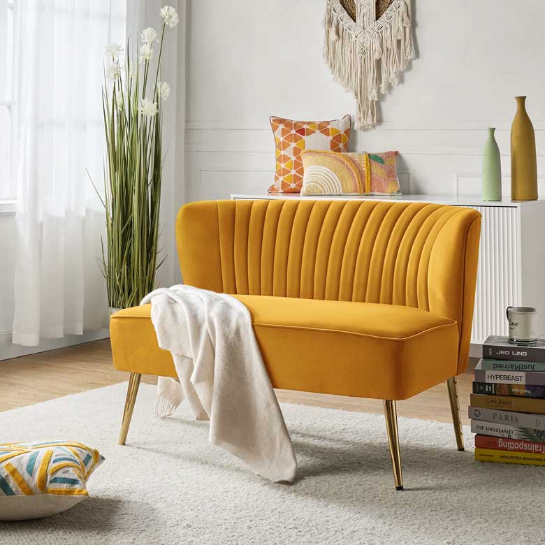 Chic yellow velvet loveseat for sale