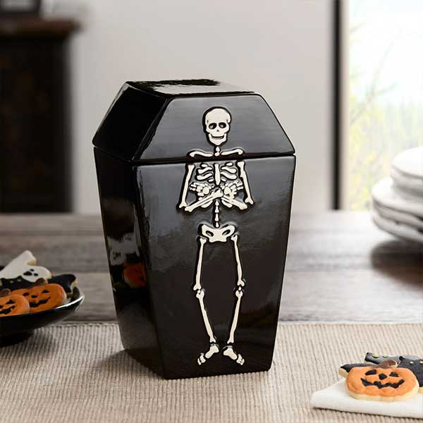 Halloween Earthenware 28-Ounce Coffin Shaped Skeleton Treat Food Storage Jar