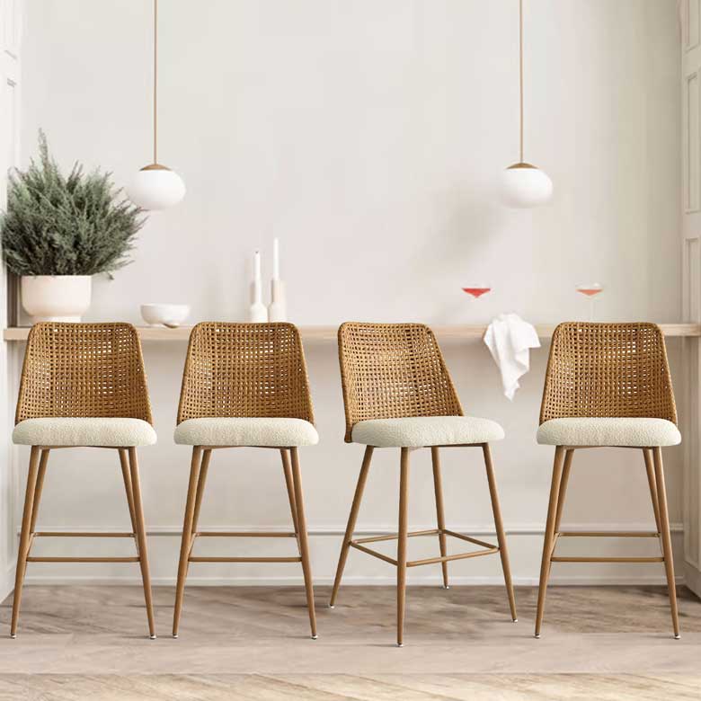 Boho counter stools with woven rattan backrests - set of 4