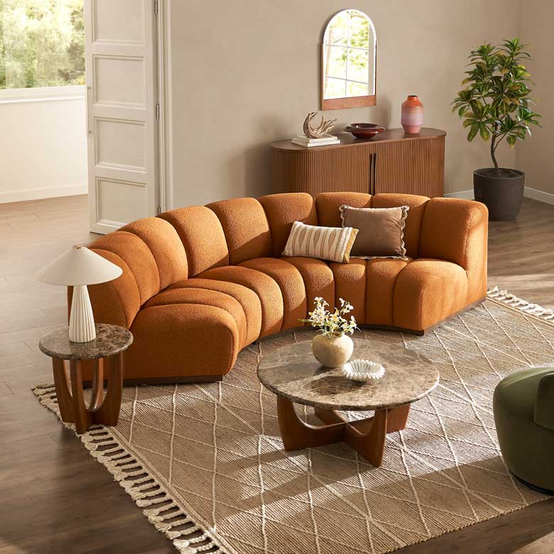 Curved ginger 3-seater sofa - performance fabric