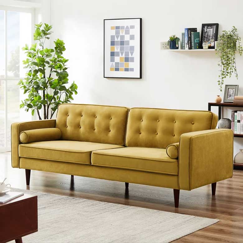 Mid-century modern dark yellow sofa with square arms