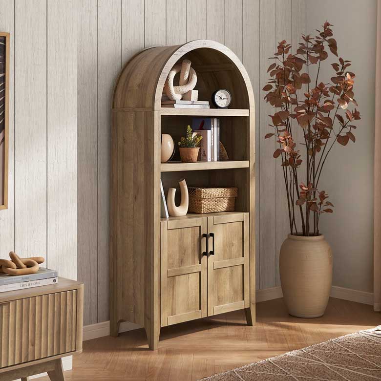 Farmhouse wooden arched bookcase