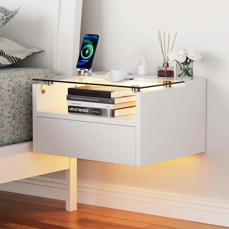 White Floating Nightstand with Charging Station for modern bedrooms