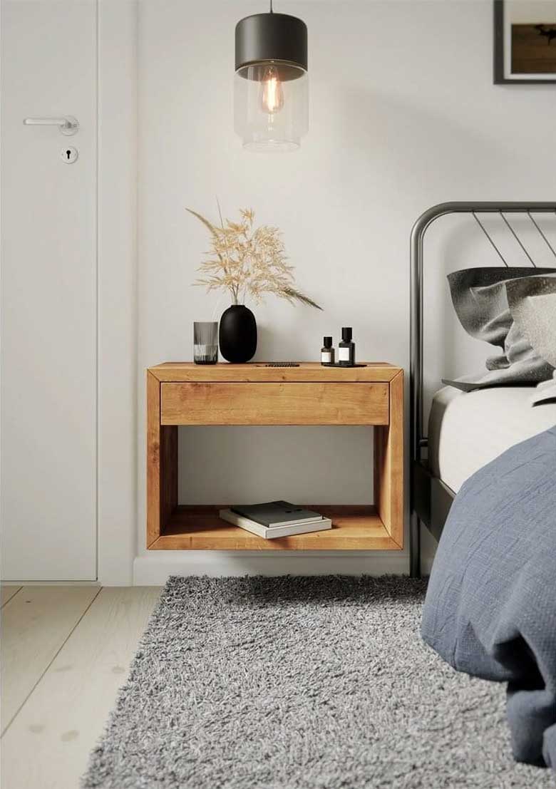 Floating Solid Oak Nightstand with a Drawer and Storage Space