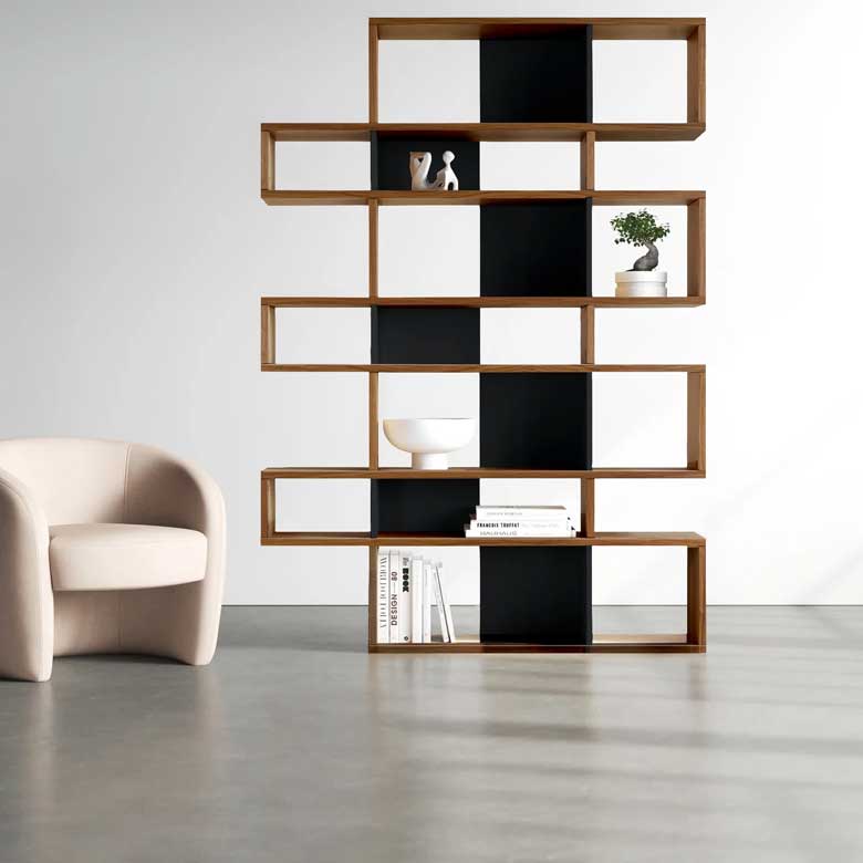 Walnut and black modern geometric bookcase 