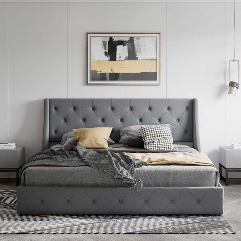 Gray tufted wingback bed