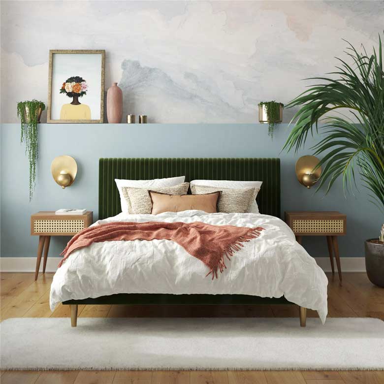 Queen green velvet bed for a cozy bedroom