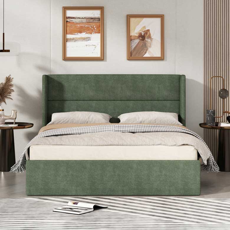 Green Hydraulic Lift Up Storage Upholstered Wingback Platform Bed - Queen size 