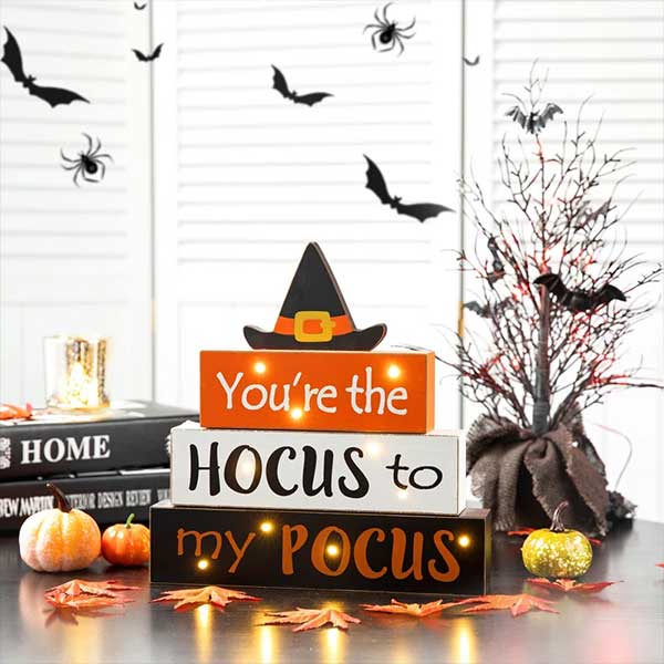 Halloween Wooden Lighted Witch/Word Block Table Decor