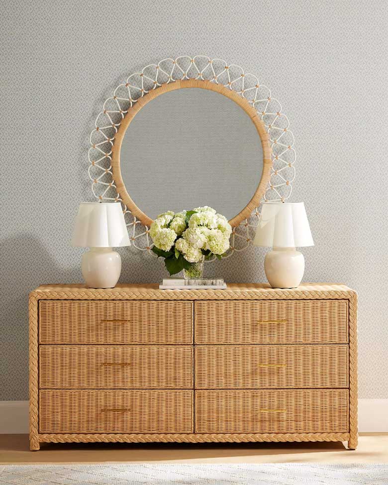 Handwoven rattan wicker wide dresser with six drawers