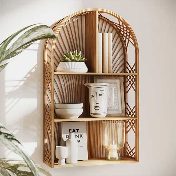 Harmony Arch Rattan Boho Tiered Wall Shelf