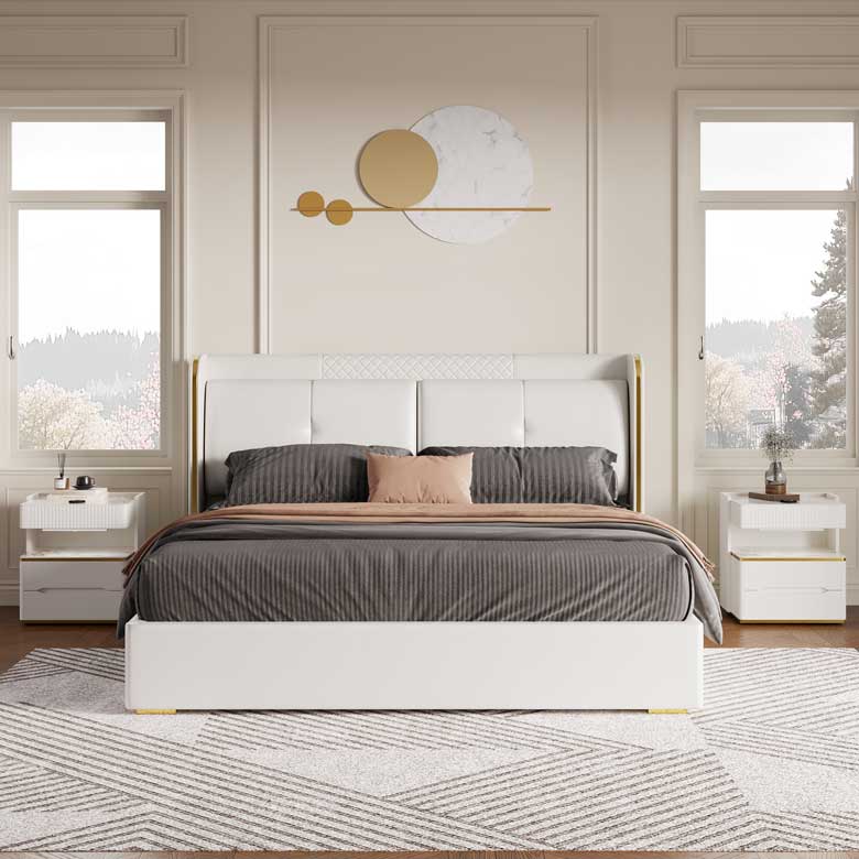 Leather Upholstered King Bed with Wingback Headboard