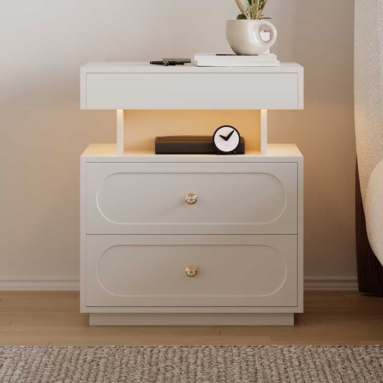 Modern 3-Drawer LED Smart Nightstand with Light - the charging station includes 1 USB port, 1 Type-C port, and 2 outlets