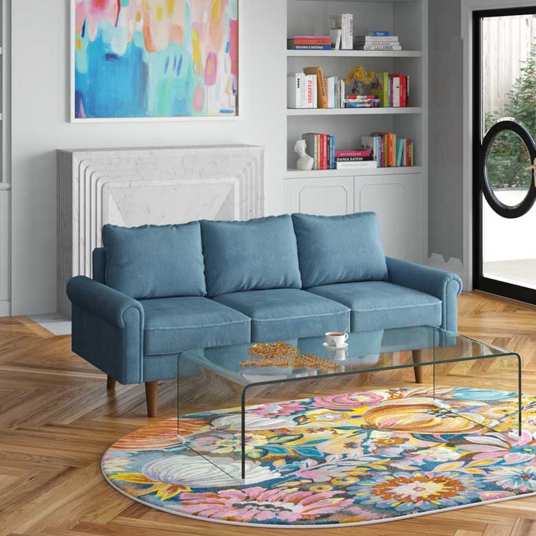 Light blue couch with tapered legs for a modern living room