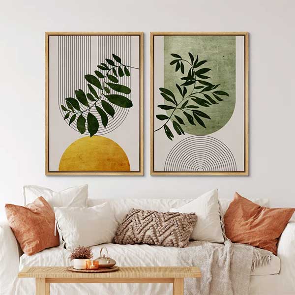 Mid Century Modern Boho Green Yellow 2 Pieces Print Wall Art Set