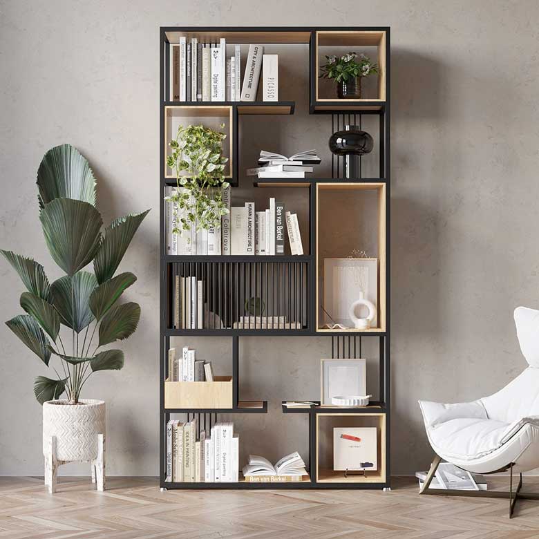 Modern Black Steel Geometric Bookcase 6-Tier Bookshelf Wooden Tall Book Shelf 