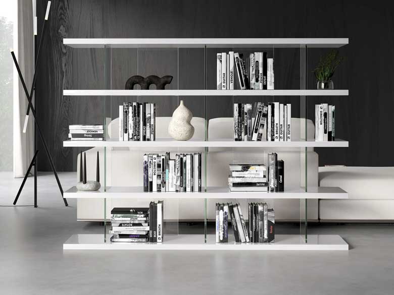 White modern bookshelf - solid and engineered wood and transparent glass