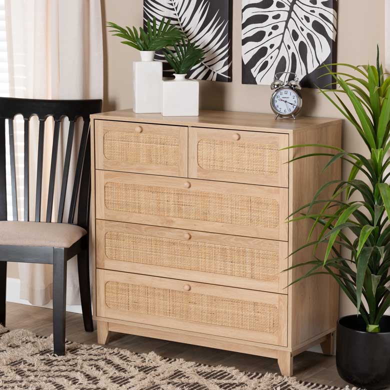 Modern 5-drawer storage cabinet - this rattan dresser is perfect for a boho bedroom 