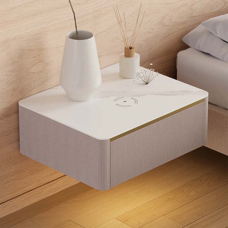 Modern Floating Corduroy Smart Nightstand Bedside Table with Light