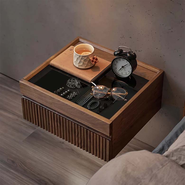 Modern Floating Walnut Nightstand with Glass Top & Jewelry Storage Bedside Table