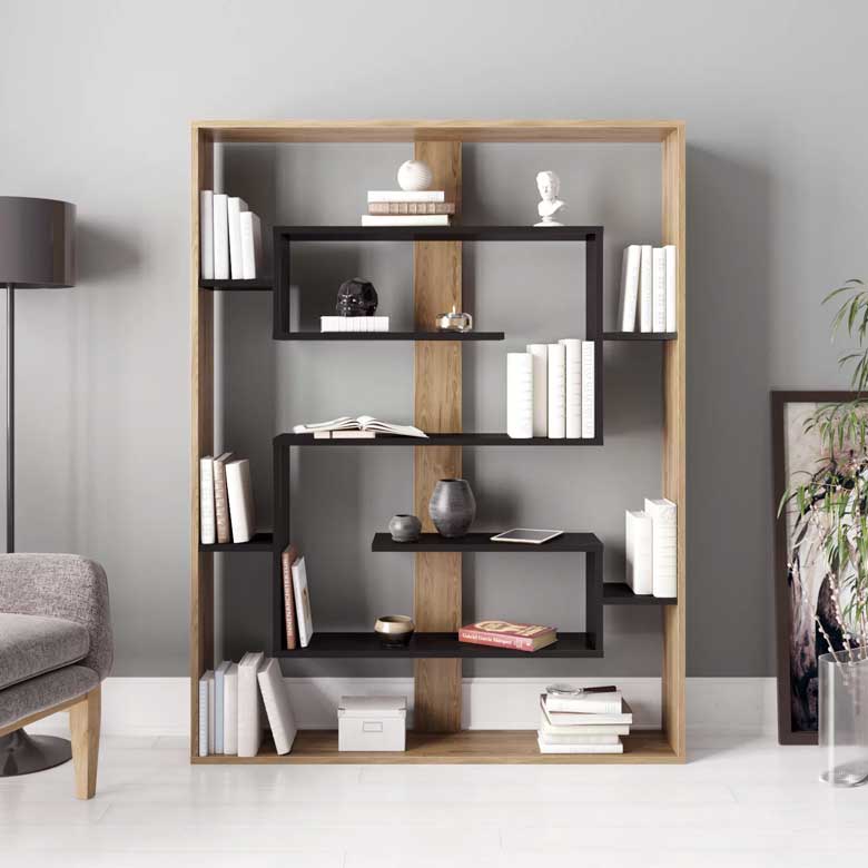 Modern geometric bookcase - black and wood shelves