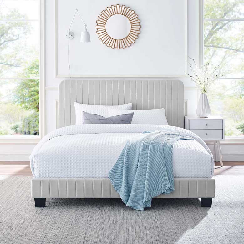 Modern light gray velvet bed - featuring channel-tufted detail, the headboard of this upholstered bed is padded in dense foam
