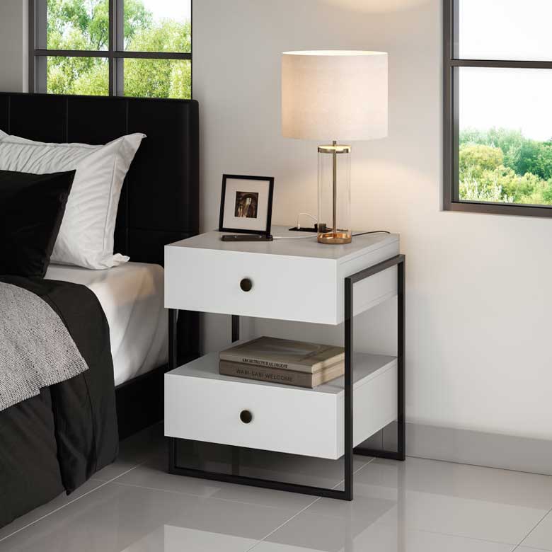 Modern 2 Drawer Nightstand with USB Charging Station and Power Outlets