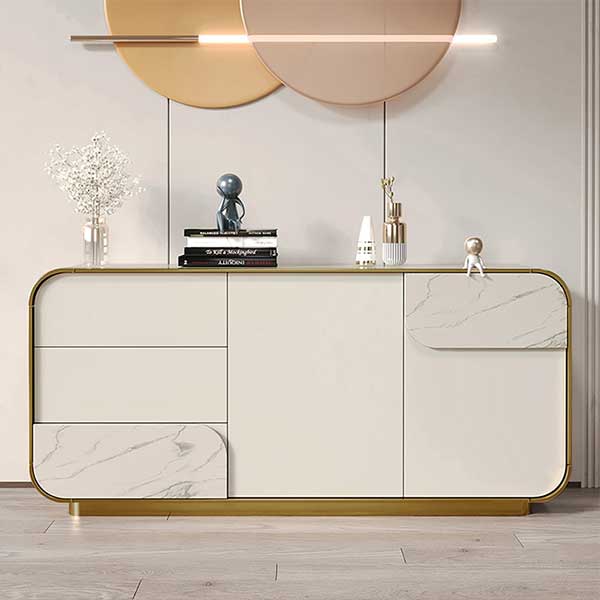 63" Modern Off White Sideboard Buffet with Storage White Sintered Stone Credenza