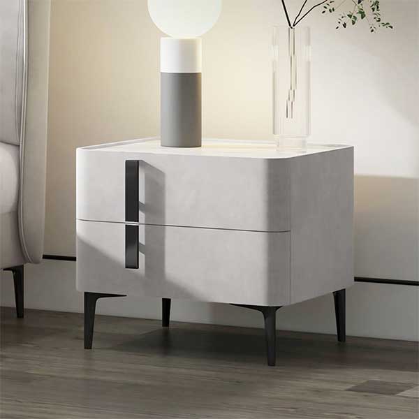 Modern White Nightstand with Drawers & Sintered Stone Top Freestanding Bedside Table