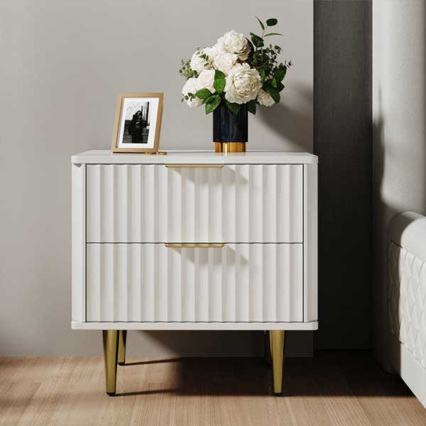 Modern White Nightstand with 2 Drawers Bedside Table with Gold Legs