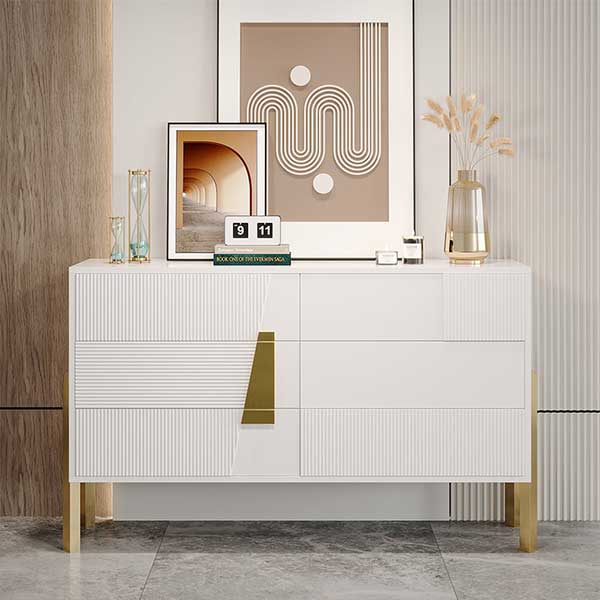 55"W Modern White 6 Drawer Dresser Fluted Chest Storage Cabinet