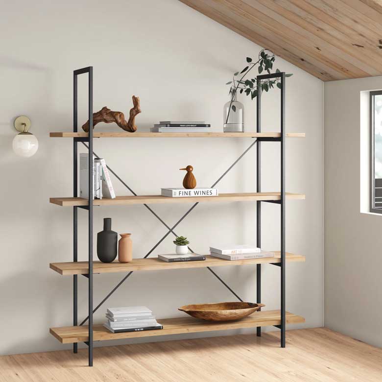 Modern wide etagere bookcase for sale with wood shelves and a black iron frame