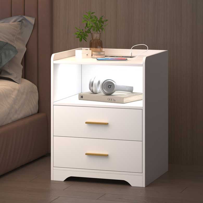 White nightstand with charging station and LED - you can change the LED color according to your needs