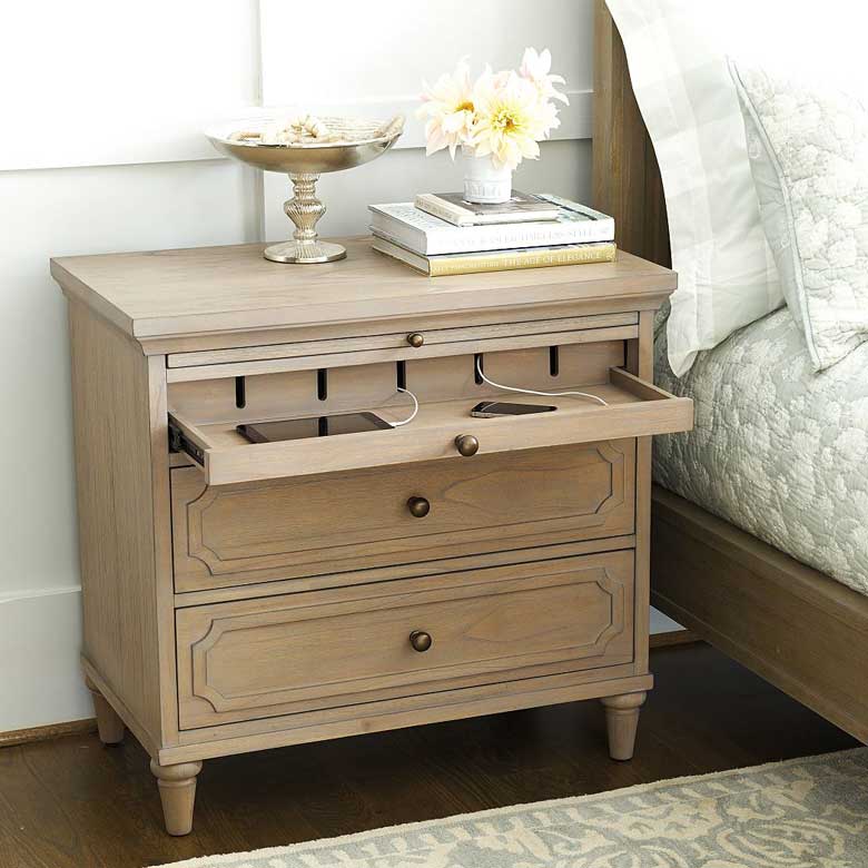 Nightstand with Charging Station - it features a pullout drawer with 3-plug extension and one USB power strip