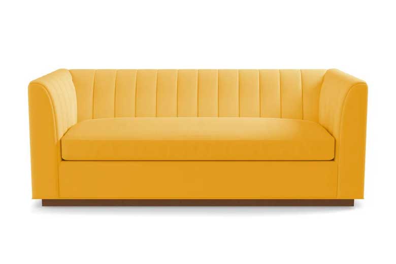 Oversized tufted yellow velvet couch for sale perfect for a modern small living room