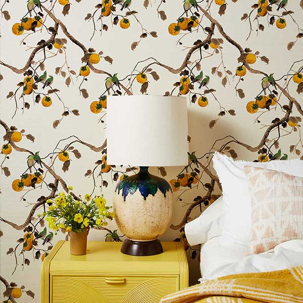 Persimmon Birds Grasscloth Wallpaper