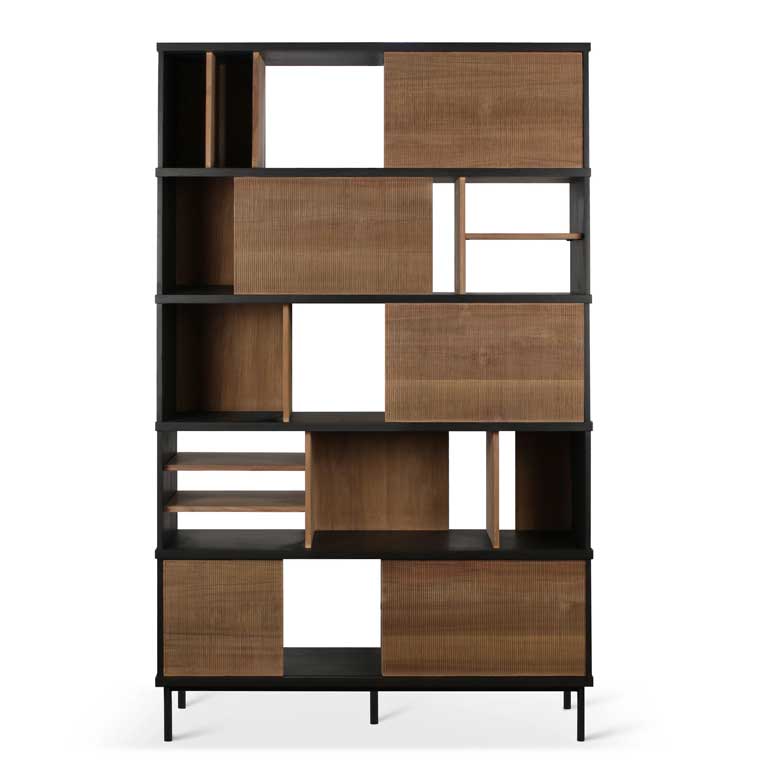 Solid teak modern bookcase with 5 sliding doors