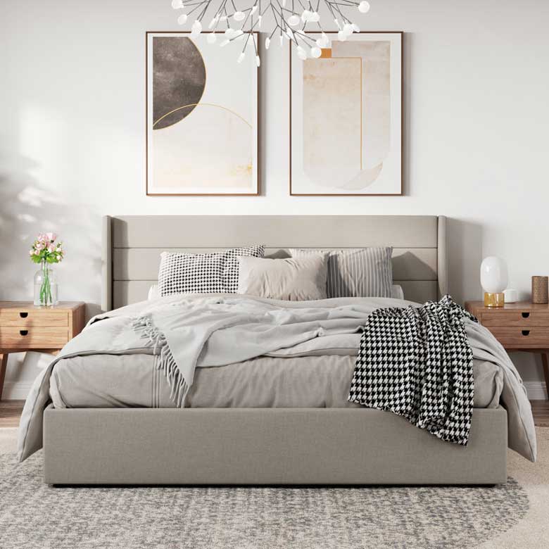 Storage Upholstered Platform Bed | Gray Wingback Bed 