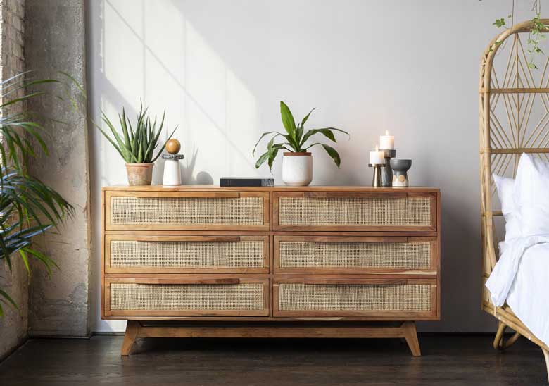 Six-drawer rattan dresser for a beautiful boho bedroom